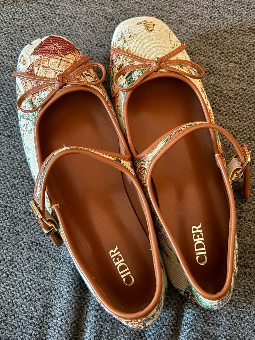 Cider Bow Knot Jacquard Tapestry Floral Mary Jane Flats - Brown/Multicolor - Picture 6 of 6